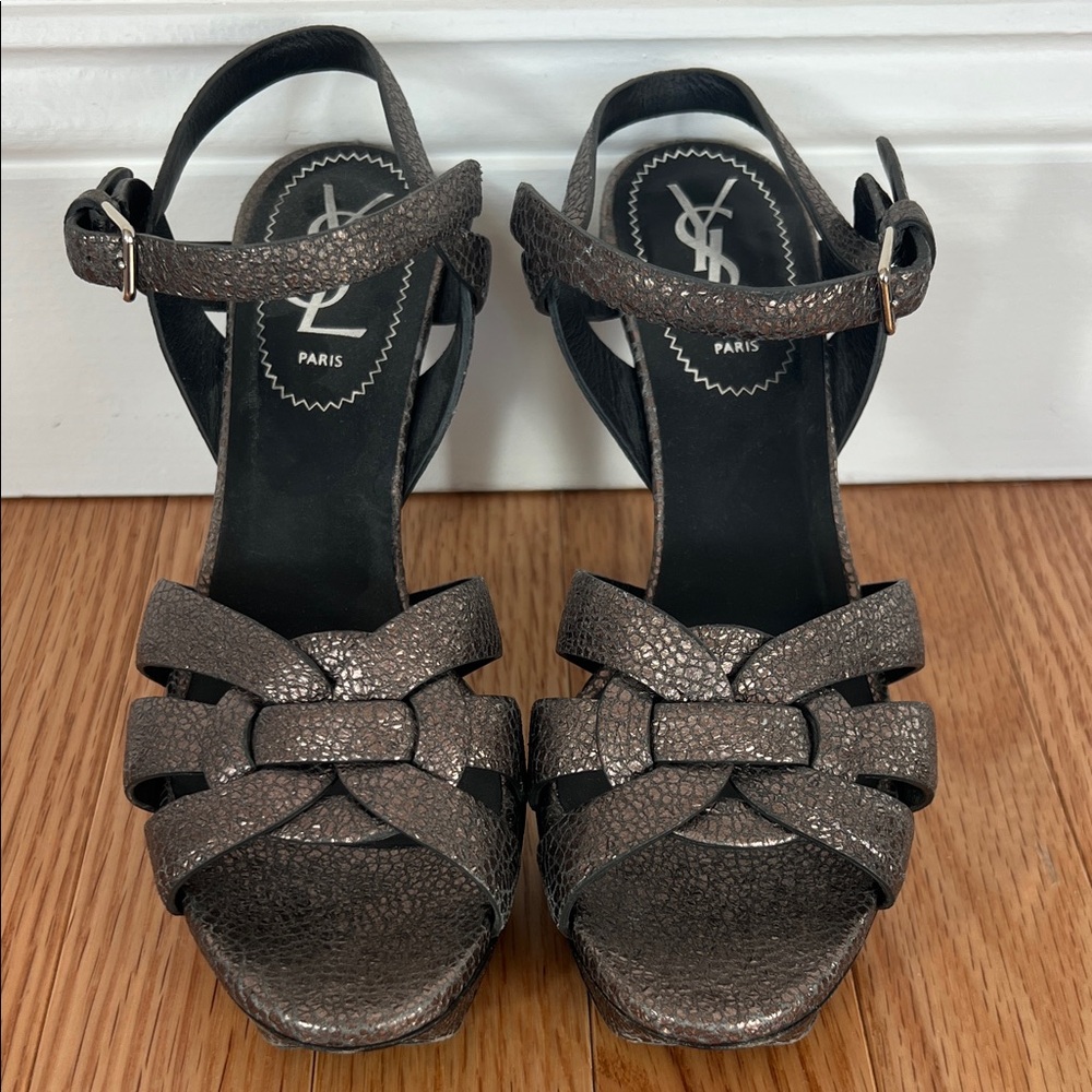 Yves Saint Laurent Tribute Platform Metallic Textured Sandals Heels Size 36 / 6.